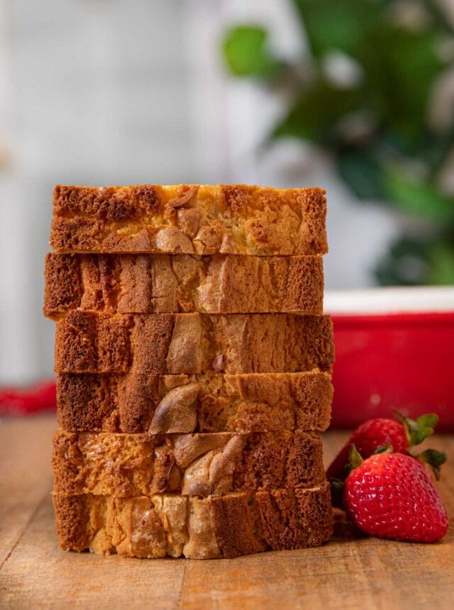 Strawberry Shortcake Loaf in a stack next to strawberries